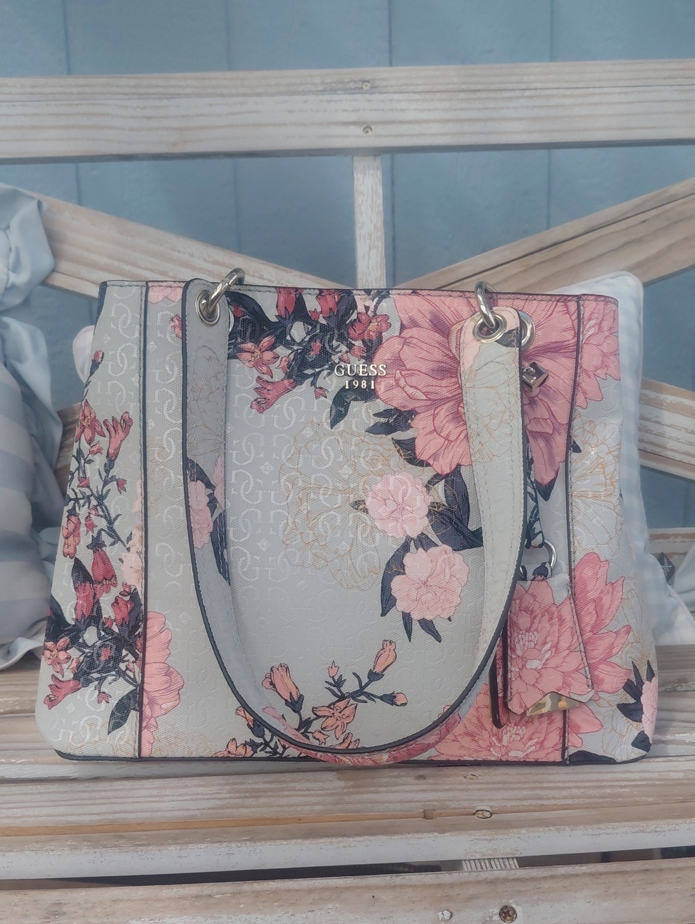 GUESS Floral Logo Tote in Light Blue and Pink